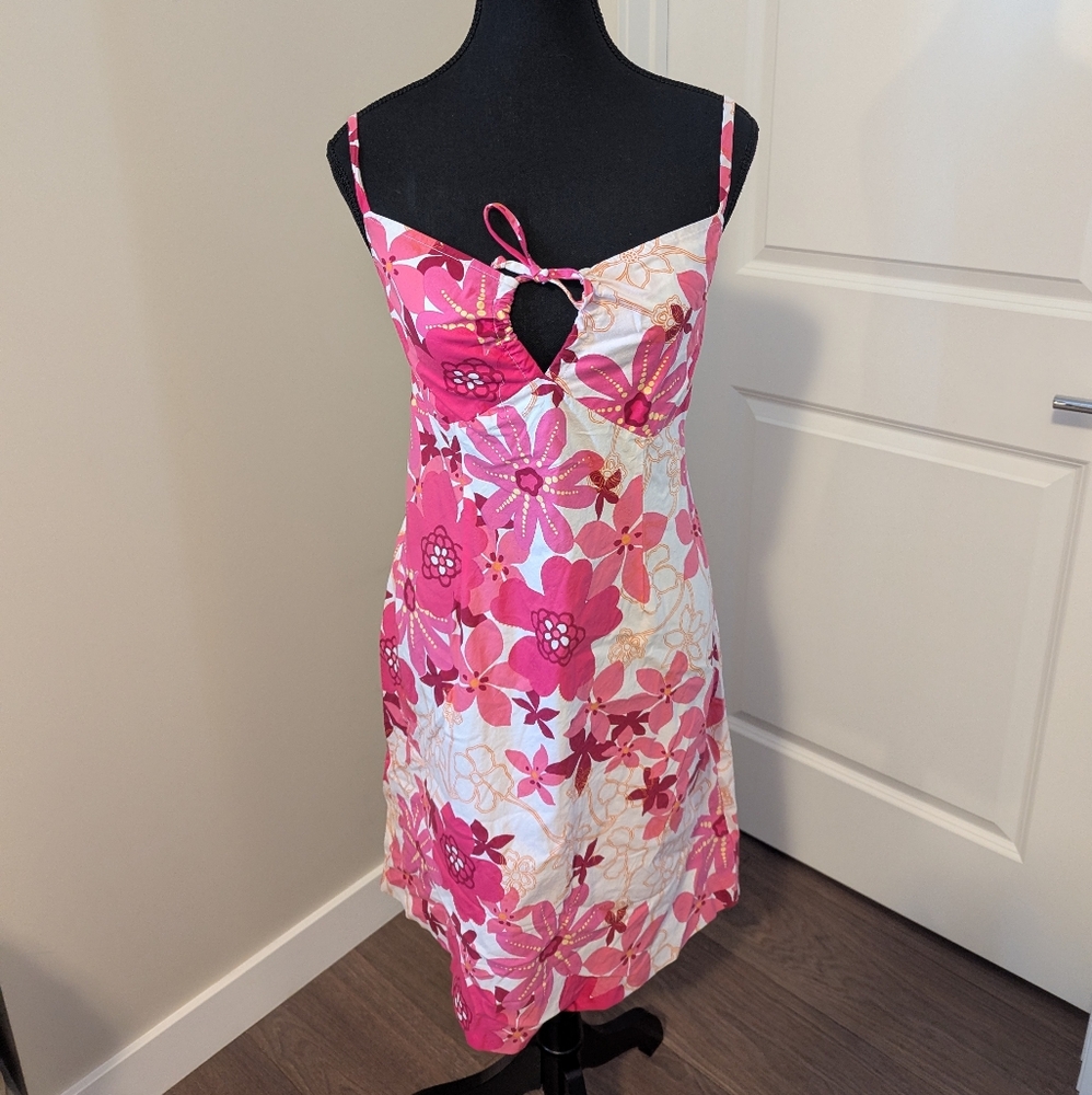 REITMANS | Pink White Floral Hawaiian Print Cotton Summer Dress Keyhole, Size 5